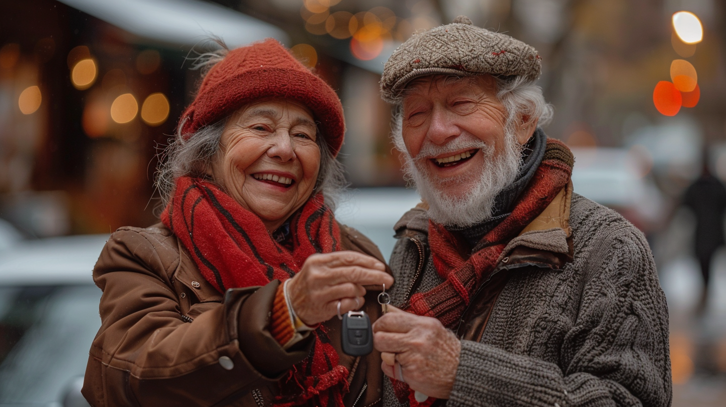 Smiling elderly couple in warm winter clothes exchanging car keys outdoors at night