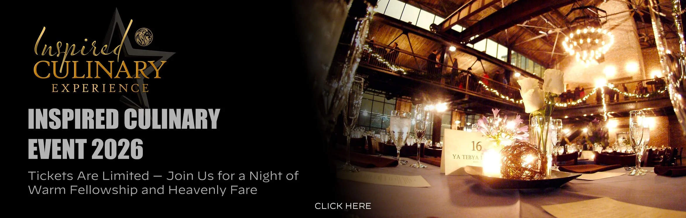 Event poster for Inspired Culinary Experience 2026 showing a decorated dining area with floral centerpieces, candles, and string lights in a rustic, vaulted brick venue.