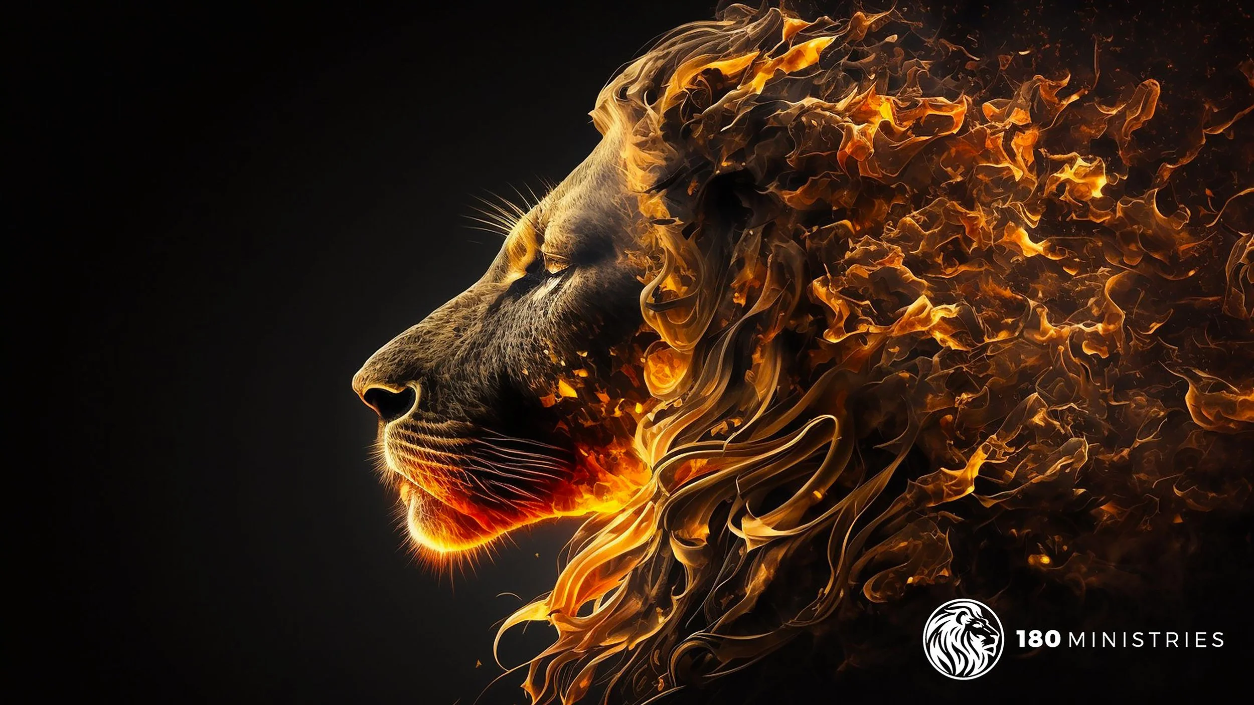 A digitally created side profile of a lion's face with a mane made of glowing, fiery flames against a black background. The logo of 180 Ministries is at the bottom right corner.