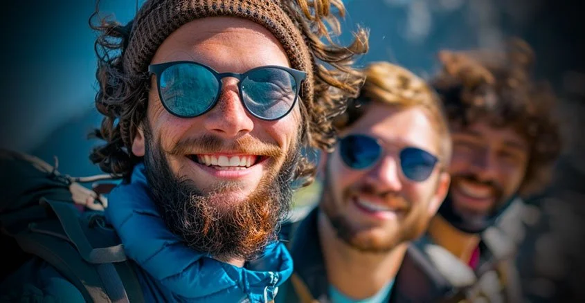 Three smiling men wearing sunglasses outdoors, dressed in outdoor gear with backpacks, in a mountain or nature setting.