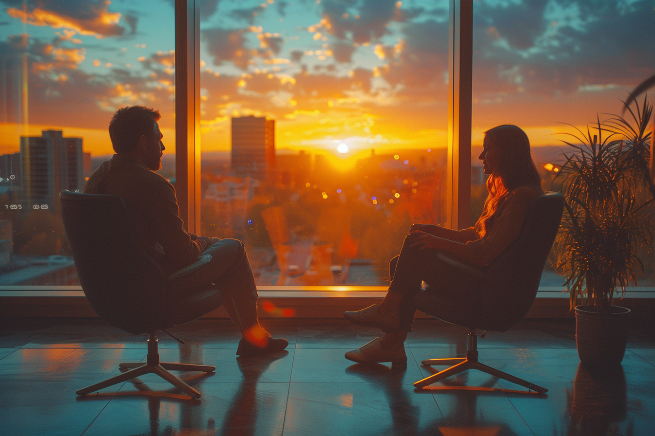 Silhouettes of a man and a woman sitting in office chairs facing each other during sunset inside an office with large glass windows, city skyline visible outside, and a potted plant on the right.