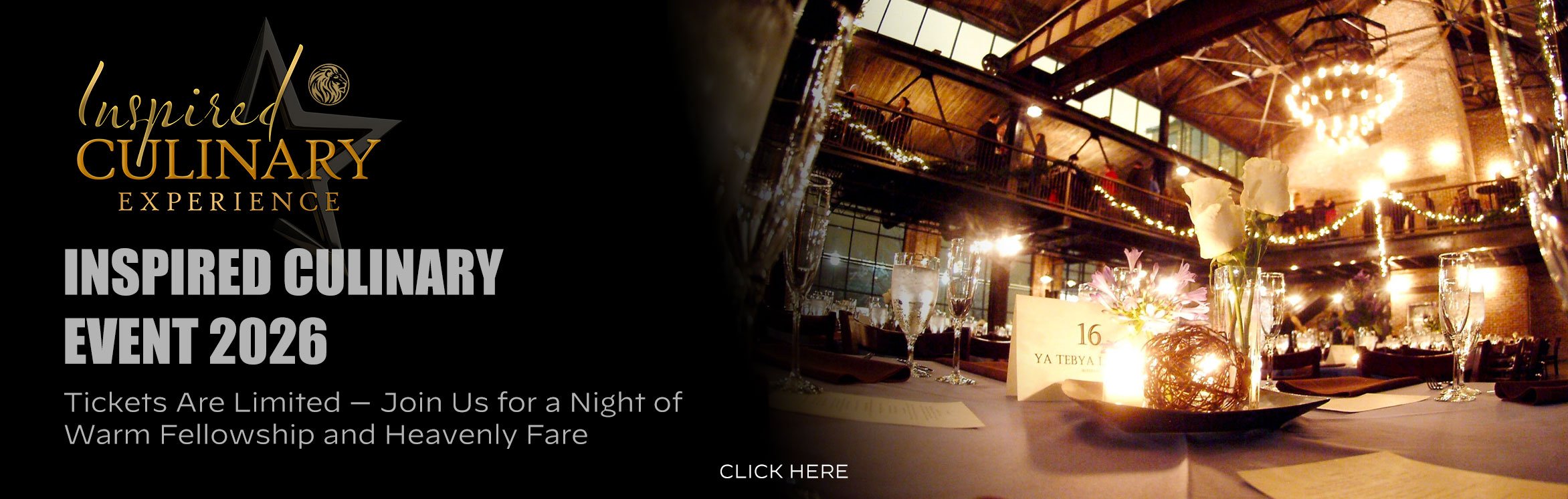 A promotional banner for the Inspired Culinary Event 2026, featuring an elegant indoor dining setting with decorated tables, floral centerpieces, candles, and warm lighting in a rustic venue.
