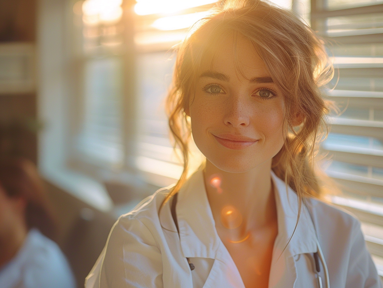 A young woman with wavy red hair and gray eyes smiling softly in front of a window with sunlight streaming in.