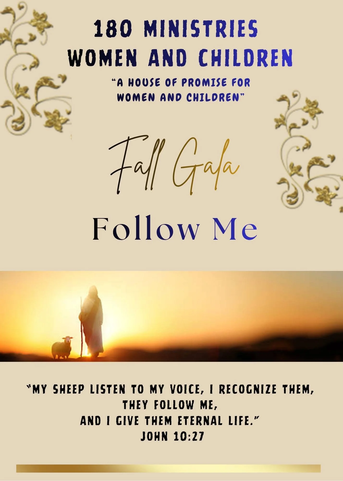 A religious event poster with floral gold decorations and a sunset image of a person and a sheep. The poster includes text about a church's fall gala, featuring a quote from John 10:27 about sheep listening to their shepherd.