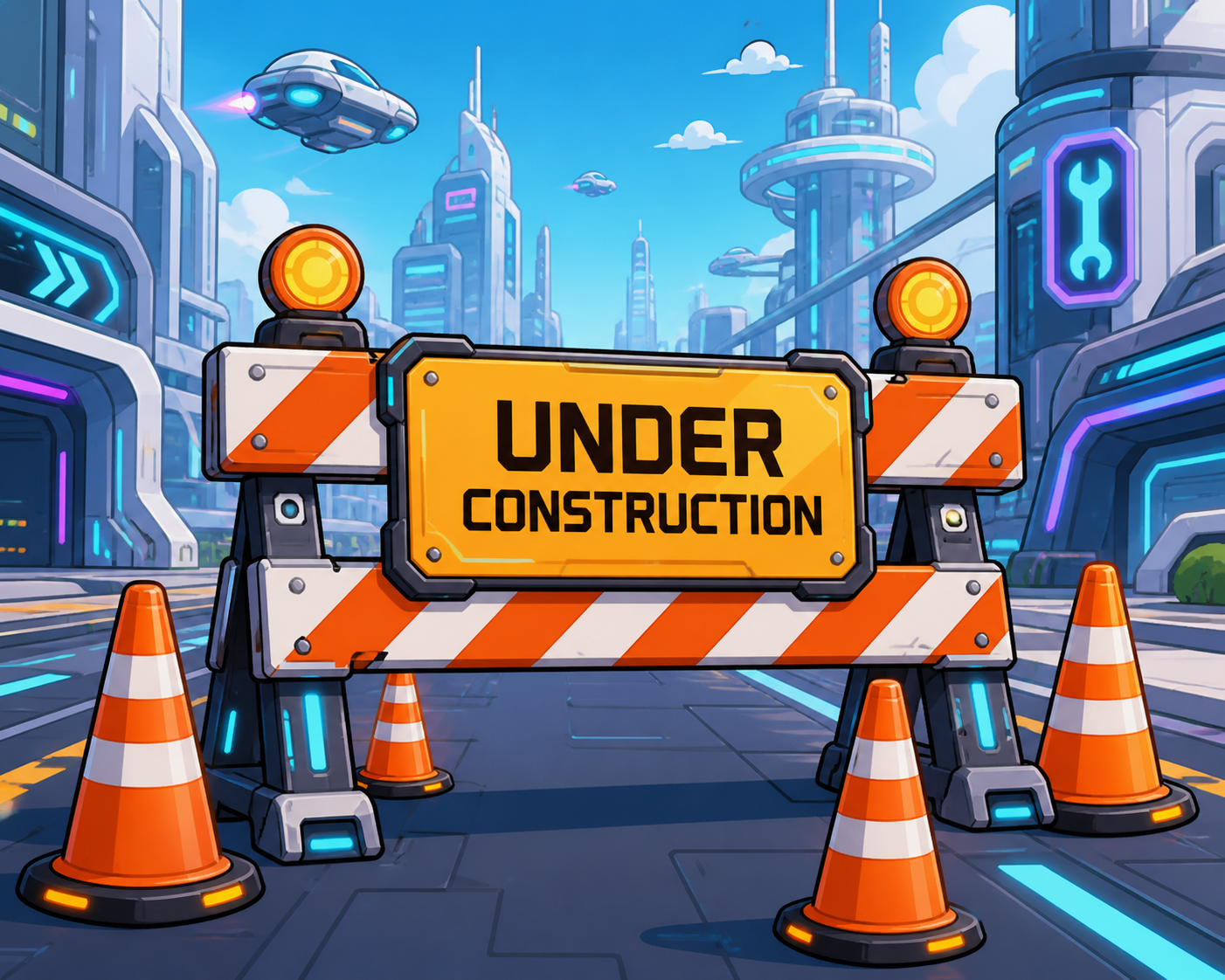 A futuristic city street scene with tall buildings and flying cars, with a construction barrier and orange cones in the foreground that has a sign reading 'Under Construction'.