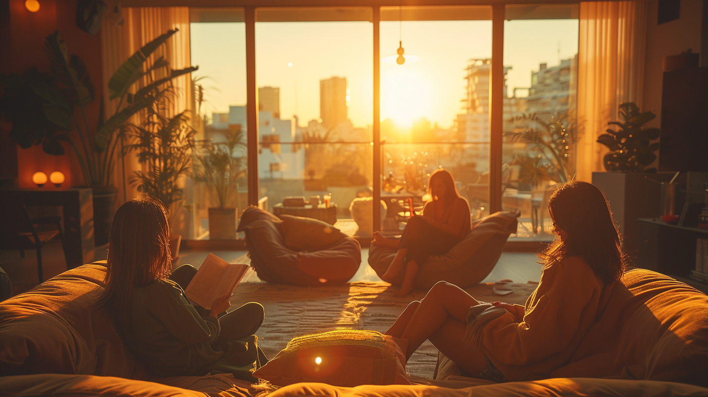 Four women relax in a living room during sunset, with large windows showing city buildings and warm sunlight.