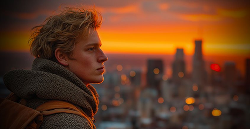 Teenage boy with blonde hair and a backpack looking at a sunset over a city skyline.