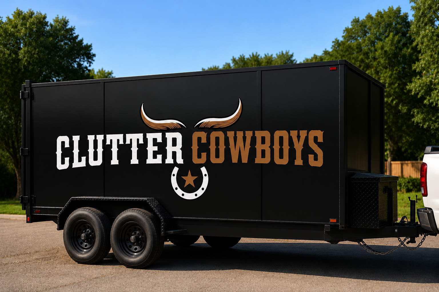 Black trailer with 'Clutter Cowboys' logo, featuring bull horns and a horseshoe with a star, parked on a street with trees and clear sky.