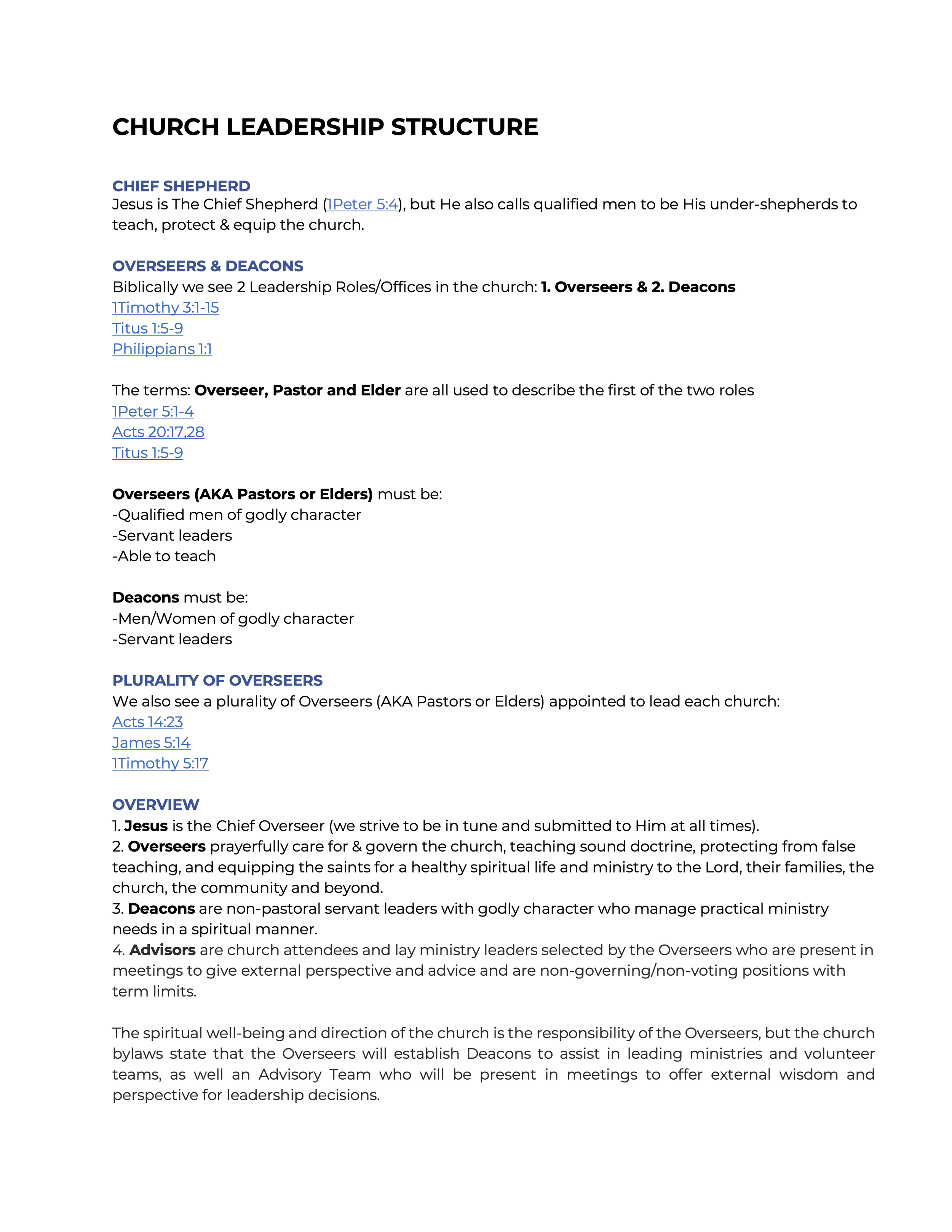 A church leadership structure document outlining roles such as Chief Shepherd, Overseers, Deacons, and Advisors, with references to biblical scriptures.