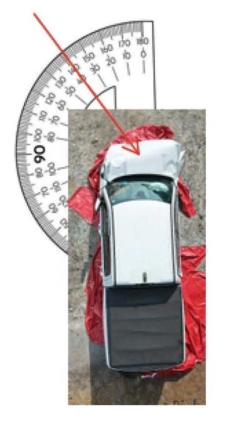 Top view of a white toy truck on a red cloth with a protractor in the background, indicating an angle measurement.