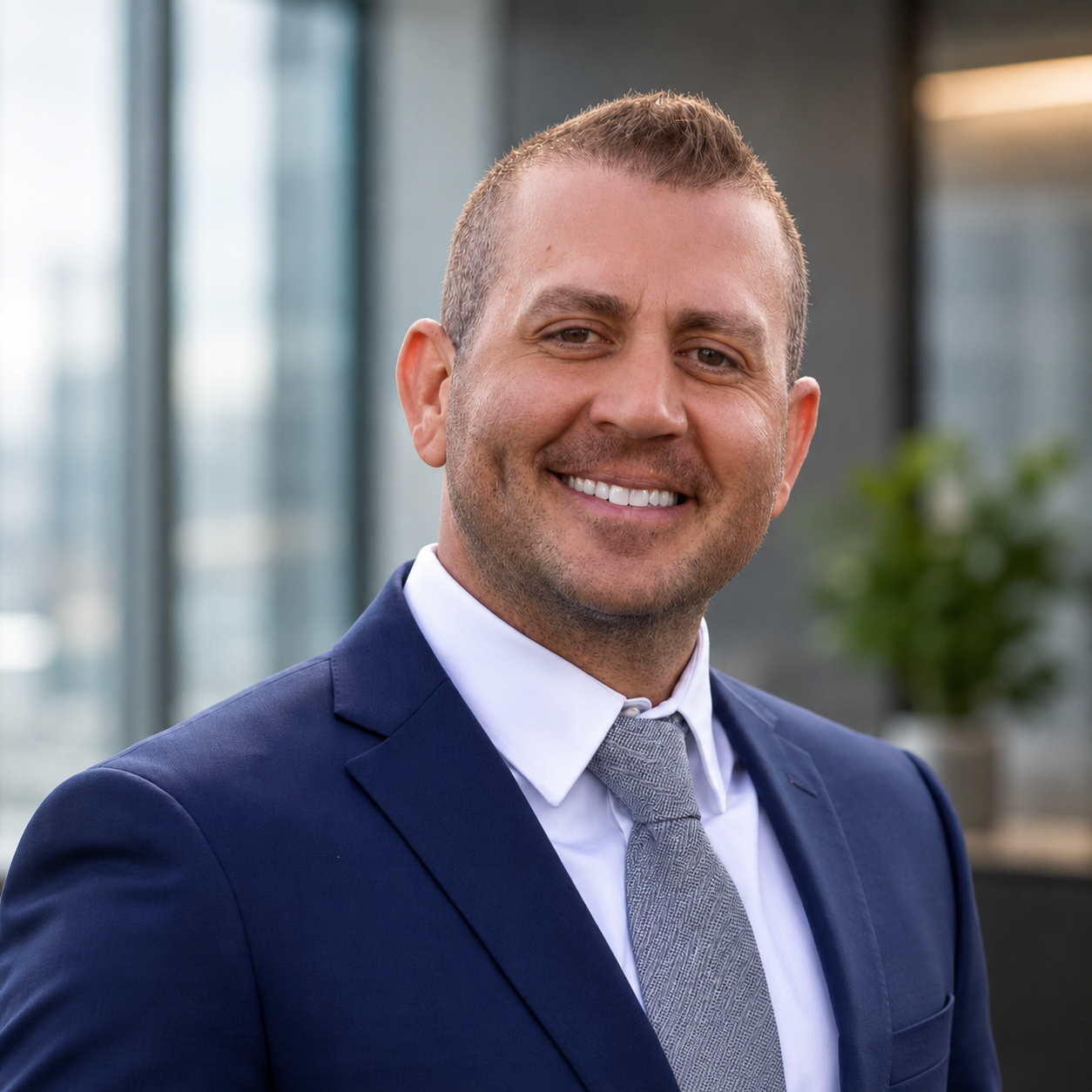 A professional man in a navy blue suit, white shirt, and gray tie smiling in an office setting with large windows and a plant in the background.