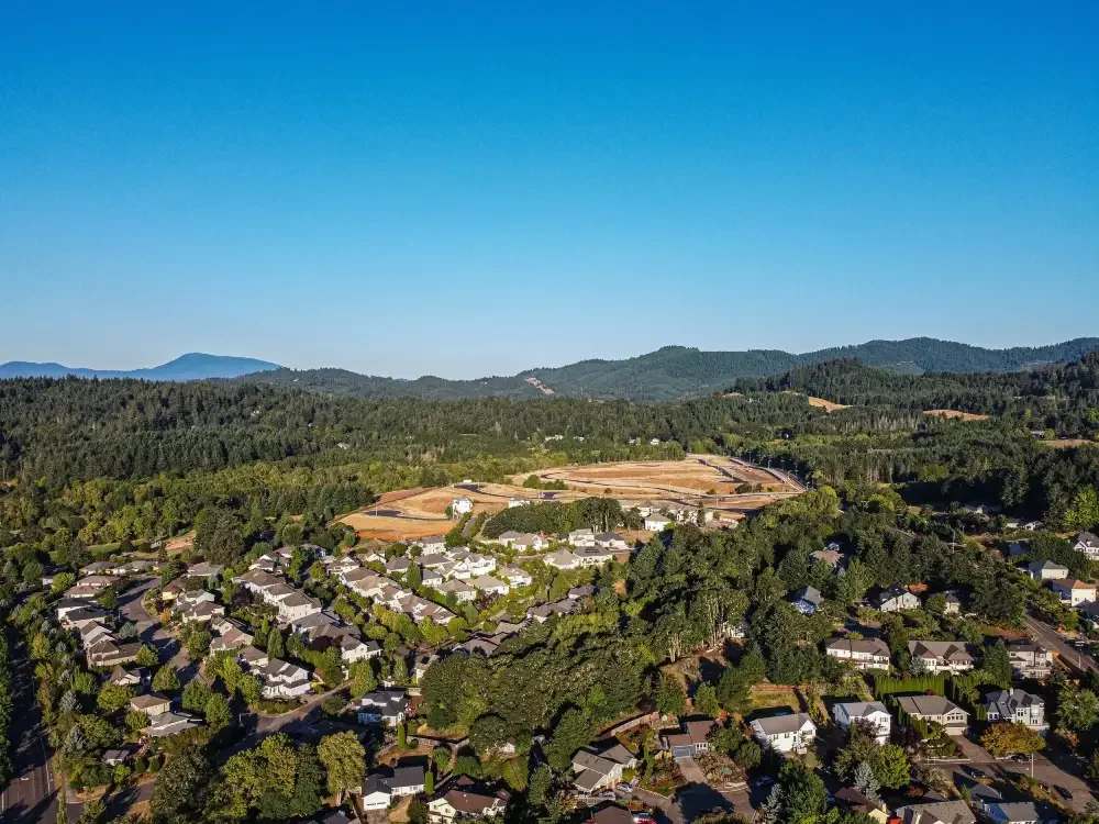 Aerial view of a suburban neighborhood with houses, trees, and hills under a blue sky.