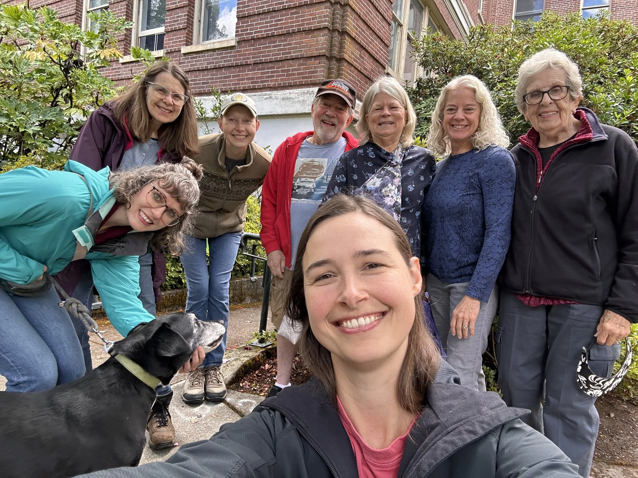 Church members smile, standing on the campus of Oregon State University in Corvallis.