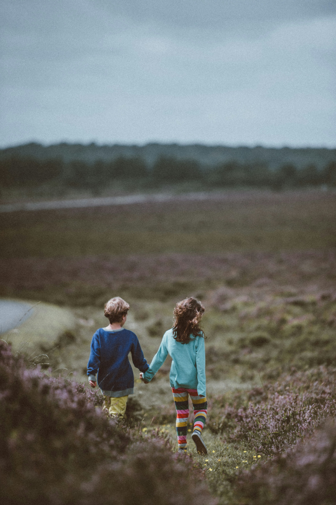Two children, a boy and a girl, holding hands while walking through a purple flowered field with hills and cloudy sky in the background.