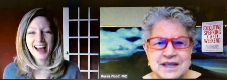 Two women speaking in a virtual meeting, one in a room with a door behind her and the other with a book titled "Executive Speaking for the Weekend" in her background.
