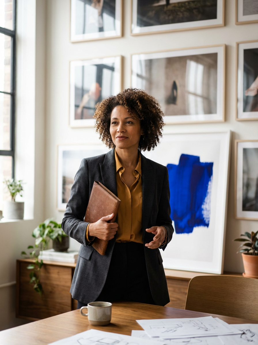 A woman with curly hair in a business suit holds a folder and stands in an art gallery or studio with framed artwork on the wall and potted plants nearby.