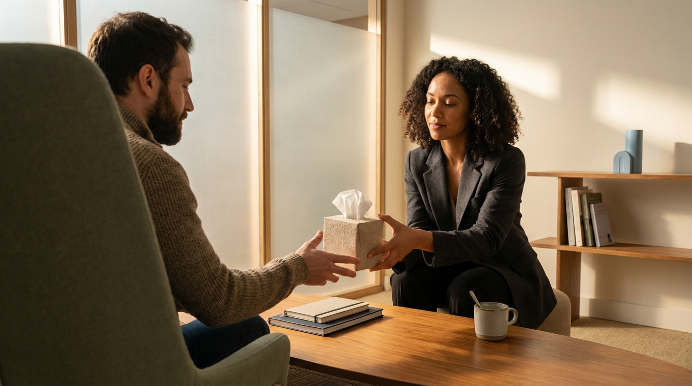 A woman in a black blazer is handing a tissue box to a man with a beard, wearing a brown sweater, sitting at a wooden table in an office or home setting with books and a coffee mug on the table.