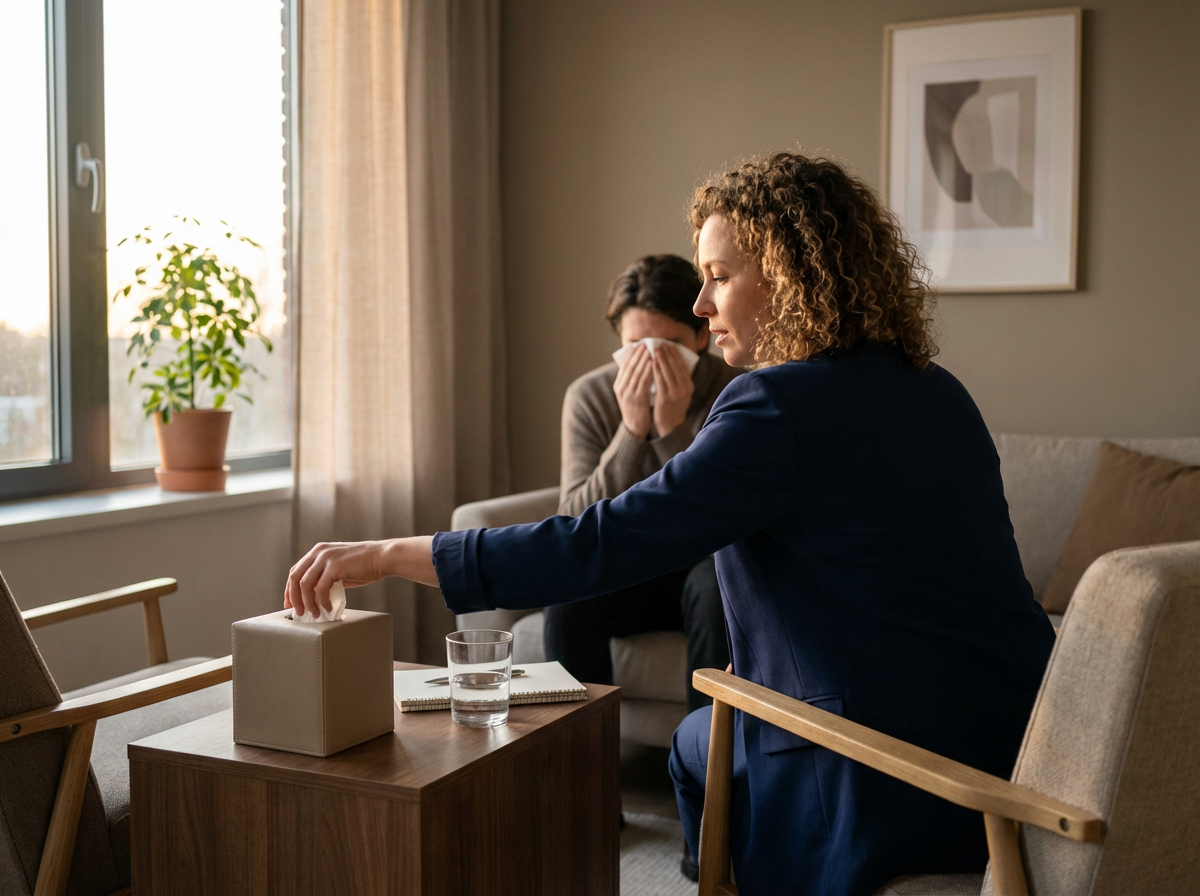 A woman in a blue blazer is sitting in a chair, reaching for a box of tissues on a side table, while a distressed woman in the background covers her face and tears up inside a living room near a window with sunlight.