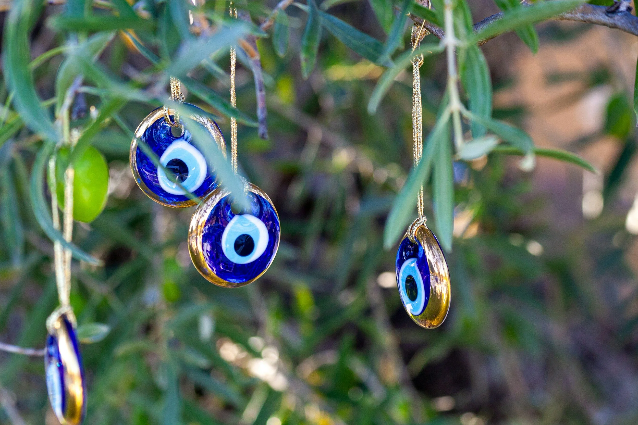 Close-up of several hanging glass evil eye charms on a green shrub, with blurred green foliage in the background.