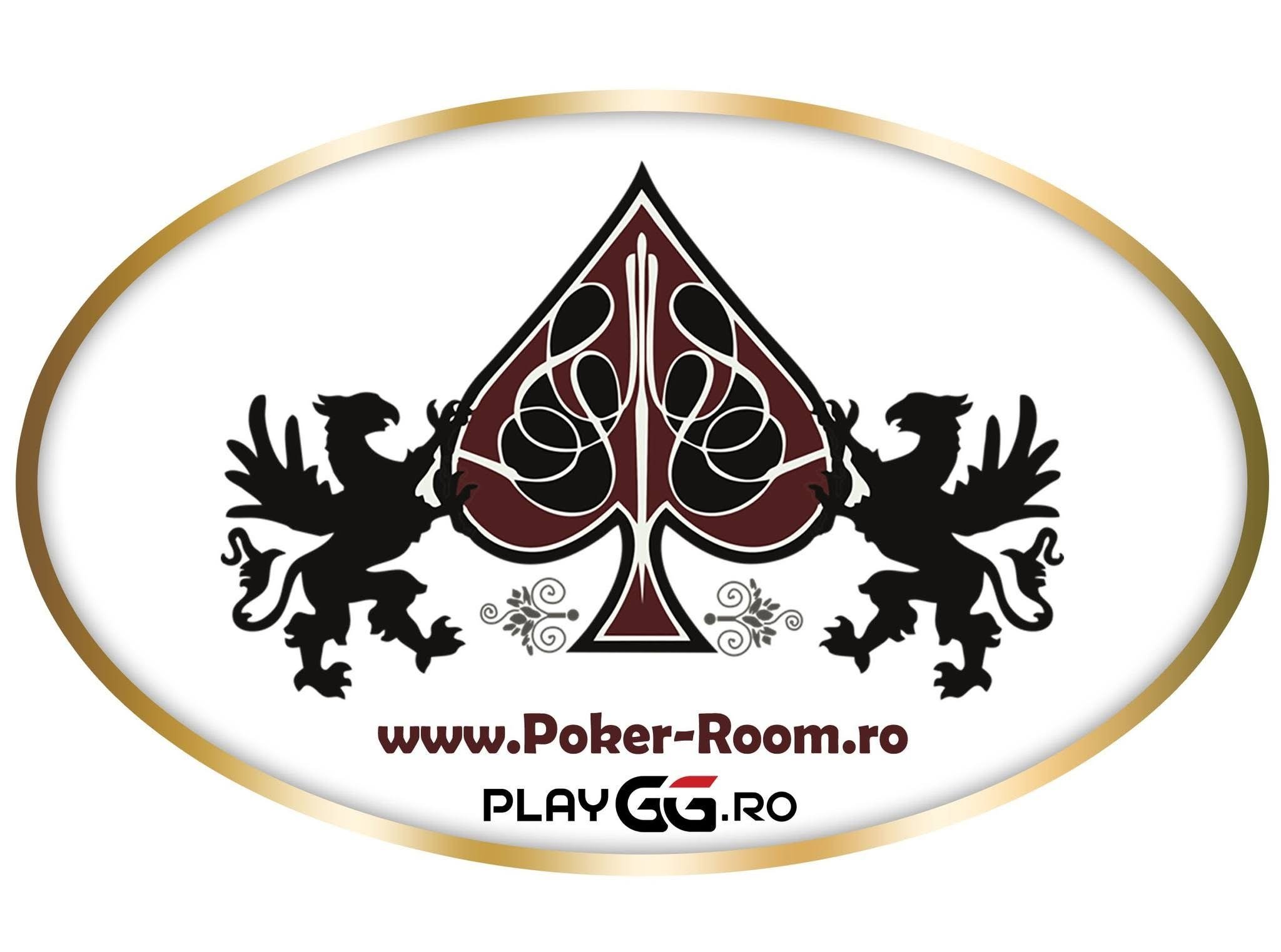Logo featuring a black double-headed eagle and a stylized heart shape in burgundy with white and black accents, with website URLs 'www.Poker-Room.ro' and 'PLAYGG.RO' underneath.