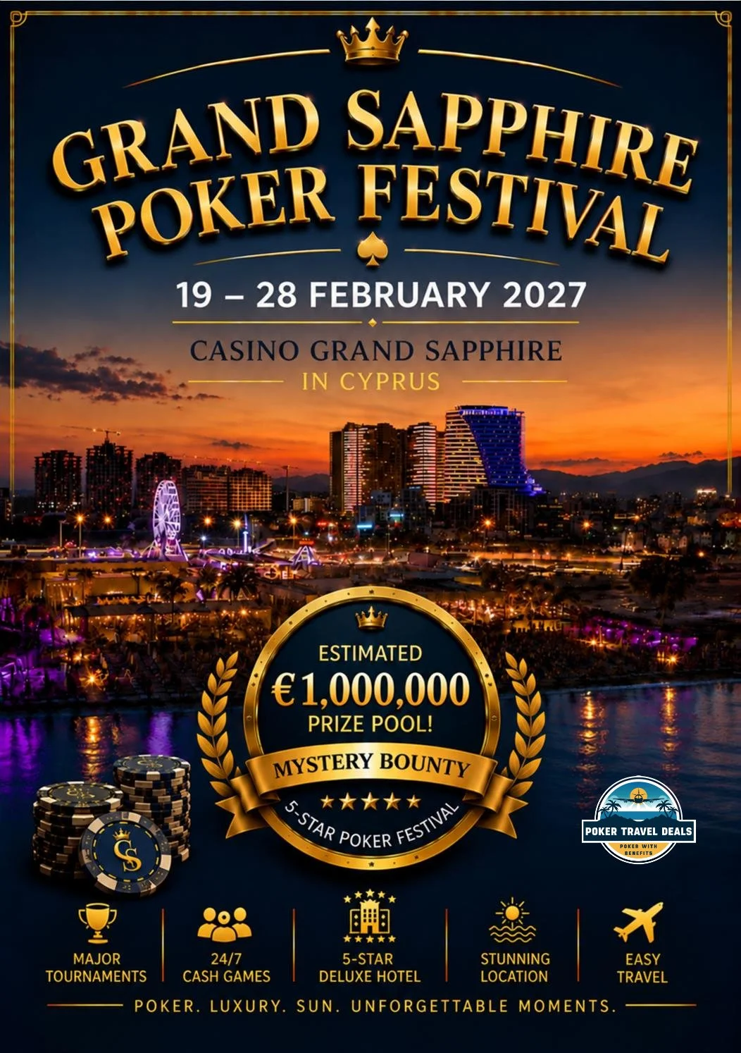 Advertisement for the Grand Sapphire Poker Festival in Cyprus, happening from February 19 to 28, 2027, at Casino Grand Sapphire, featuring a prize pool of €1,000,000 and luxurious amenities with a city skyline at sunset.