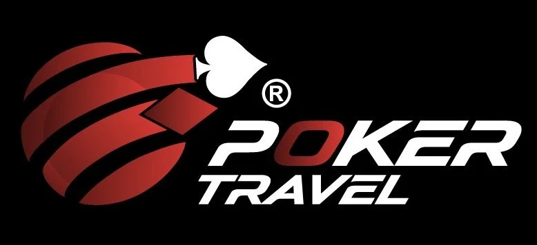 Poker Travel logo featuring a red and black stylized globe with poker suits and the text 'Poker Travel'.