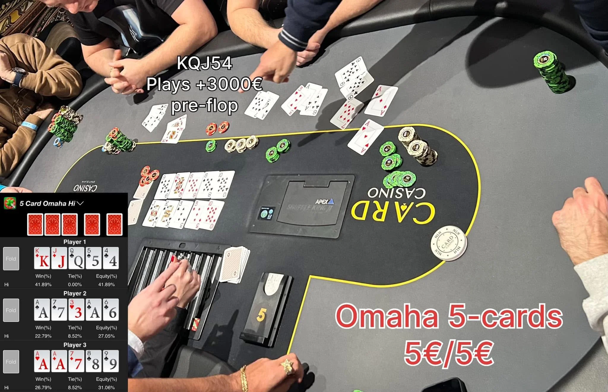 A poker game with five players sitting around a table. The table has poker chips in stacks, playing cards on the table, and player hands visible. Text overlaid on the image indicates the game is Omaha 5-cards, with betting amounts of 5 euros or 5 dol