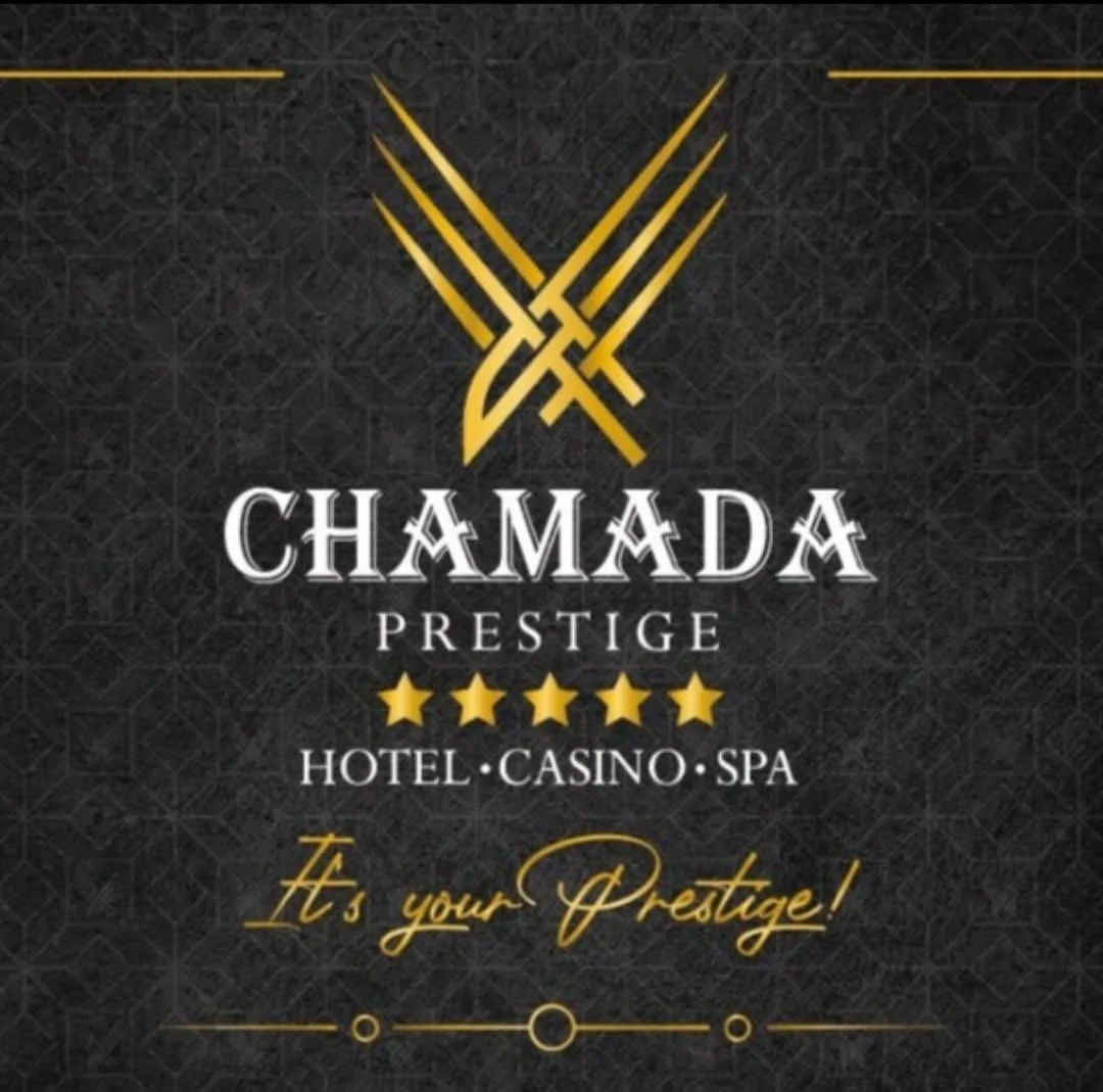 A black and gold promotional poster for Chamada Prestige, a hotel, casino, and spa, featuring a gold logo with three knives and the tagline 'It is your Prestige!'