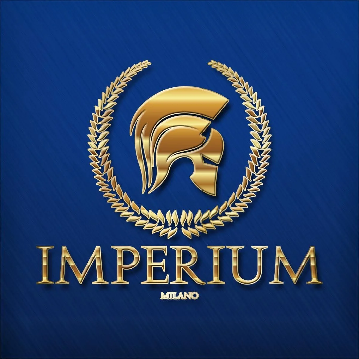 A gold emblem featuring a Roman-style helmet with a plume, encircled by a laurel wreath, with the word 'IMPERIUM' in gold capital letters and 'Milano' below, set against a blue textured background.