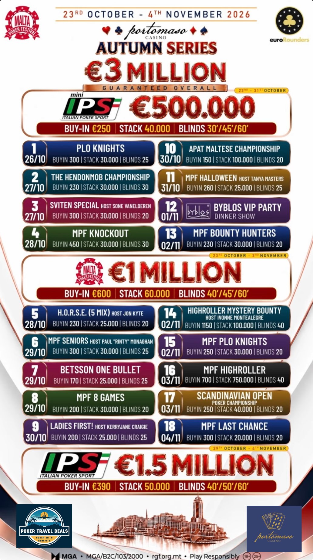 Poster advertising the Portomaso Autumn Series poker tournament in Malta with details of dates, buy-ins, stacks, blinds, and scheduled events.