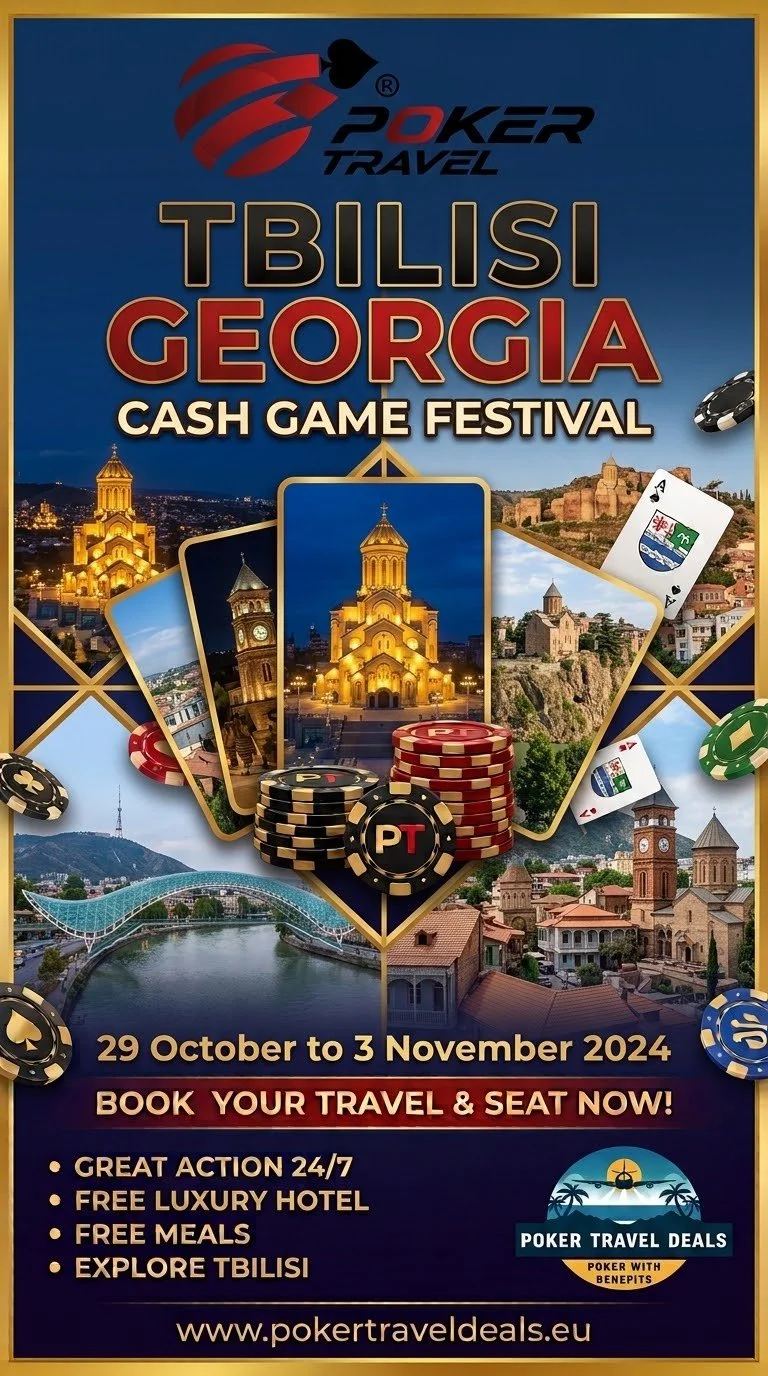 Poster advertising a poker travel event in Tbilisi, Georgia, from October 29 to November 3, 2024. Features images of Tbilisi's landmarks, poker chips, playing cards, and a cityscape with a bridge and mountains. Includes promotional details and website www.pokertraveldeals.eu.