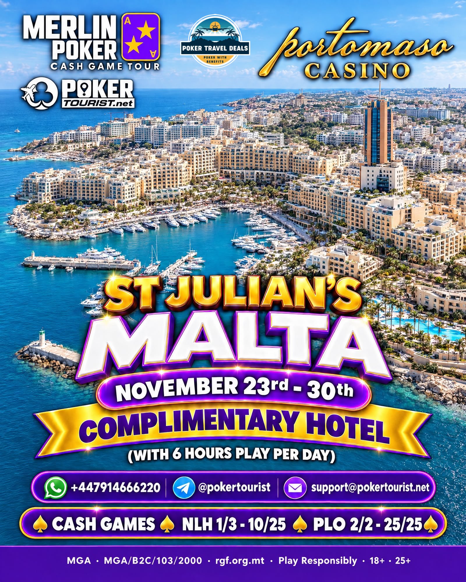Promotional flyer for a poker event in Malta, scheduled from November 23rd to 30th, at the St. Julian's Malta hotel with free accommodation and 6 hours of daily gameplay. The flyer features a cityscape with yachts, text details about the event, and contact information, including WhatsApp, Telegram, and email.