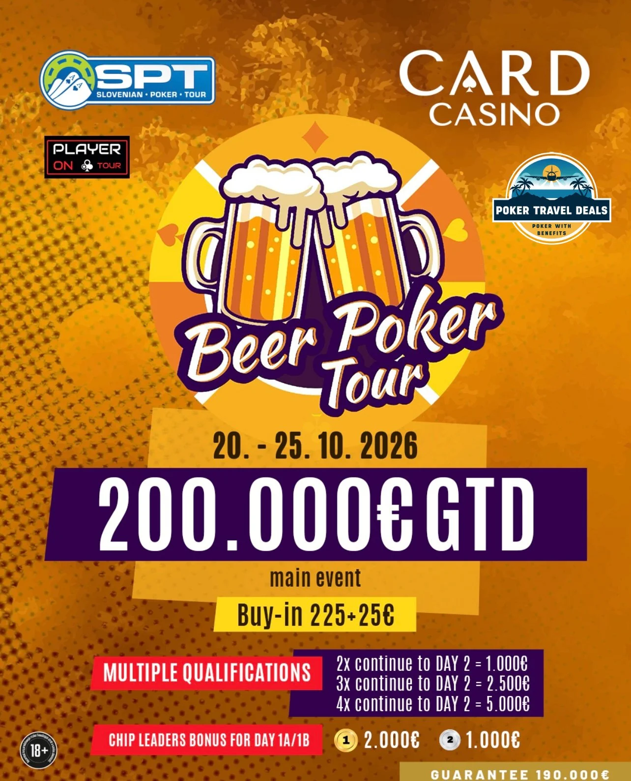 Promotional poster for Beer Poker Tour, an event scheduled from October 20 to October 25, 2026, with a main prize of 200,000 GTD. The poster features two beer mugs clinking, various logos, and details about buy-in prices and qualification bonuses.