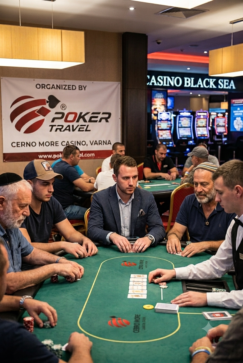 Group of poker players sitting around a green poker table in a casino, with a banner promoting Poker Travel and a Casino Black Sea sign in the background.