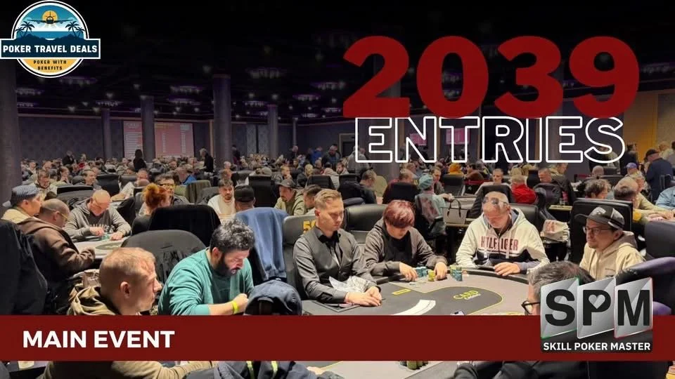 A large group of people gathered around multiple poker tables in a casino or event hall, participating in a poker tournament. The image highlights the number 2039, indicating the number of entries, with a logo in the top left corner that reads 'Poker