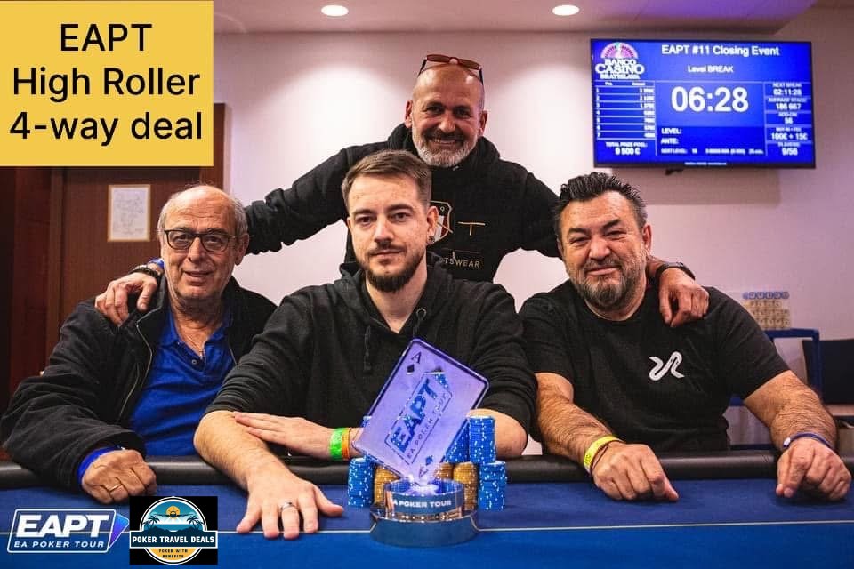 Four men sitting and standing around a poker table at an event, with a sign that reads "EAPT High Roller 4-way deal" and a digital clock on a screen in the background showing 06:28.