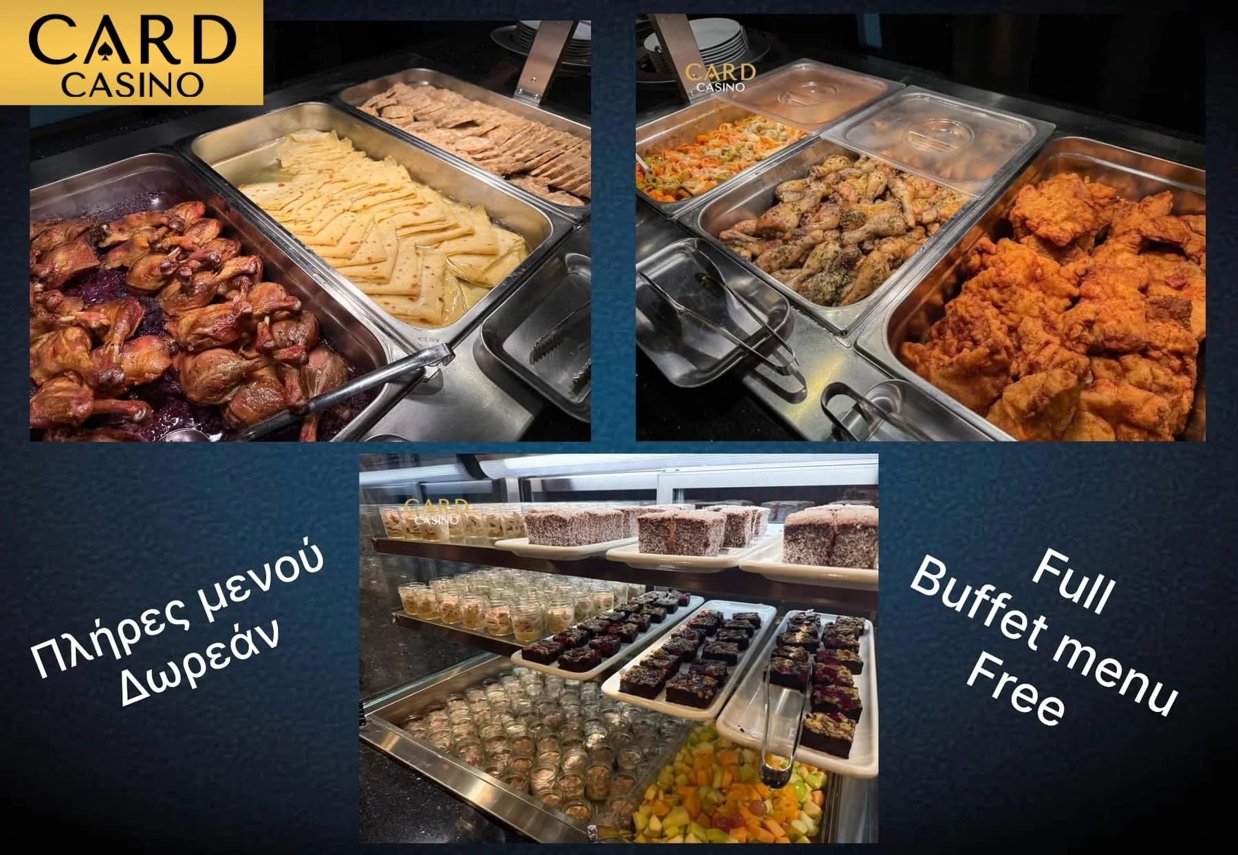 Buffet restaurant with trays of food including roasted chicken, sliced cheese, sliced meat, fried chicken, grilled chicken wings, pasta, salad, desserts, and fruit.