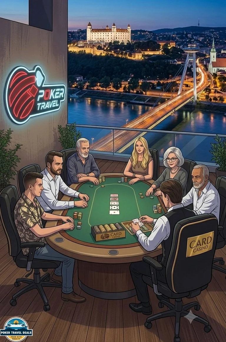 Illustration of six people playing poker at a table in a high-rise indoor setting, with a cityscape view of a bridge and historic castle over a river at dusk in the background.