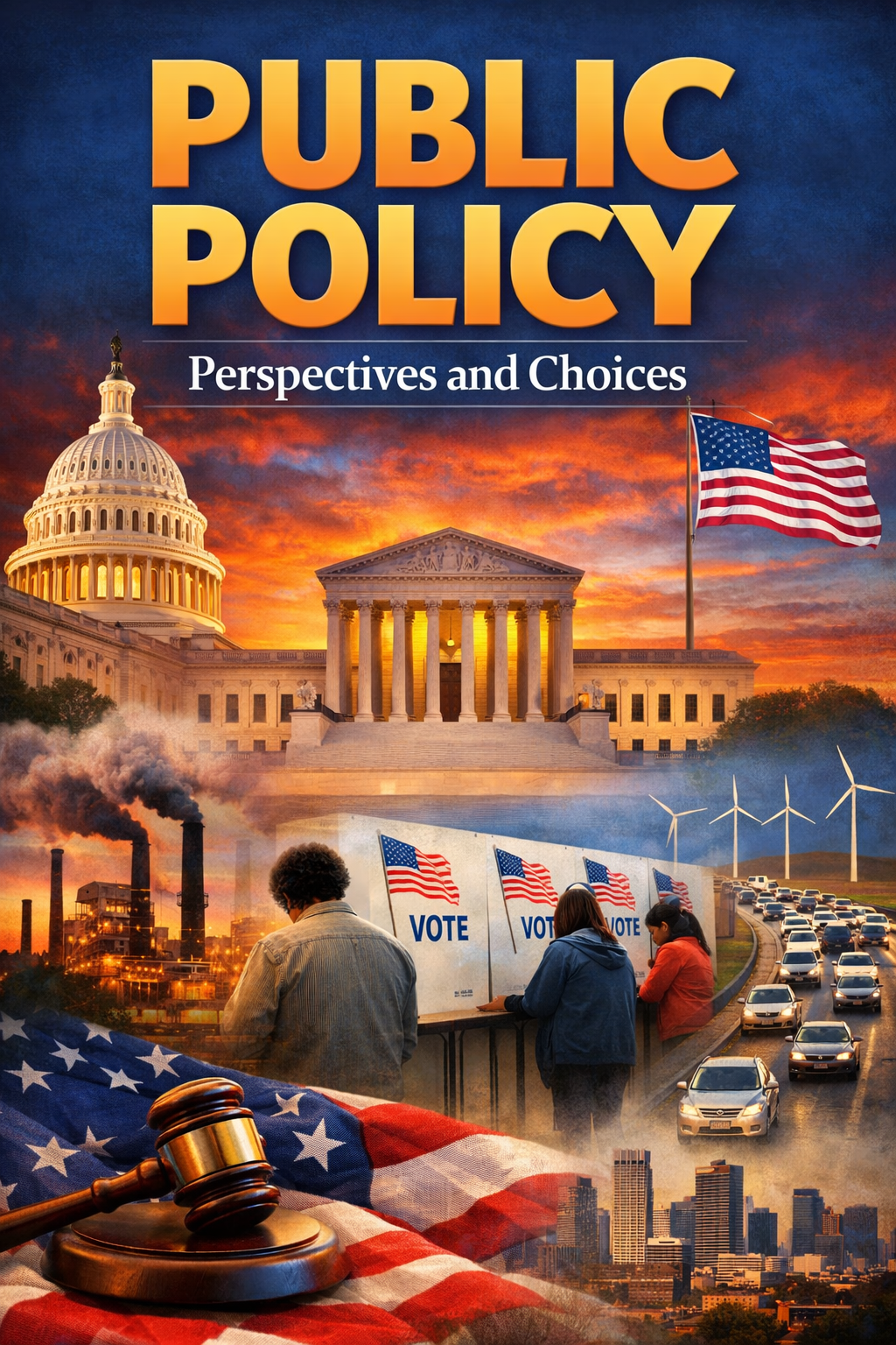 Cover image of a book titled 'Public Policy: Perspectives and Choices' with a background of the U.S. Capitol building, an American flag, industrial smokestacks, wind turbines, people voting at a polling station, a line of cars, a gavel and American flag, and a cityscape.