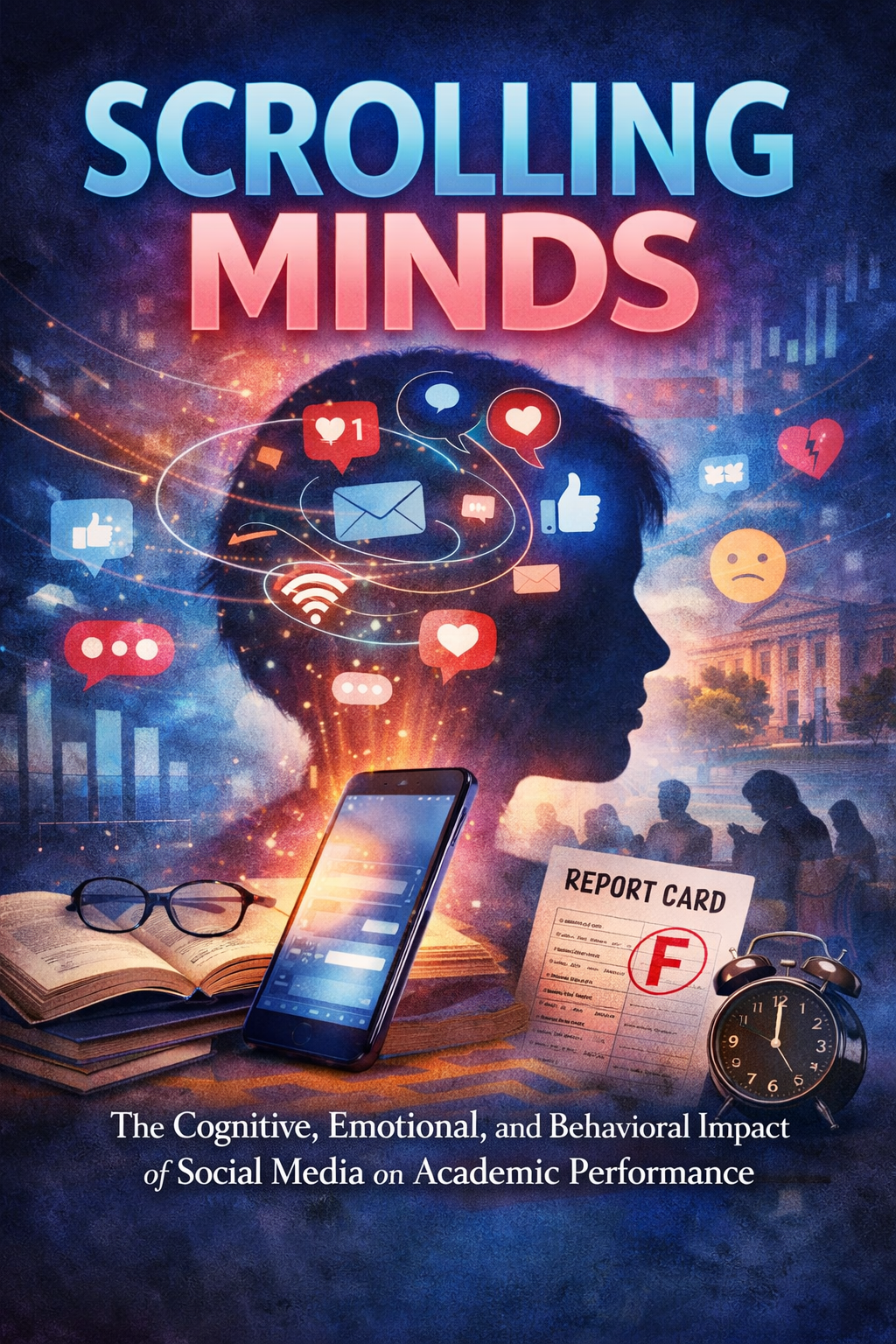 Book cover titled "Scrolling Minds" with a silhouette of a child’s head filled with social media icons and notifications, a smartphone, reading glasses, an open book, a report card with an 'F' grade, and an alarm clock, referencing the social media impact on academic performance.