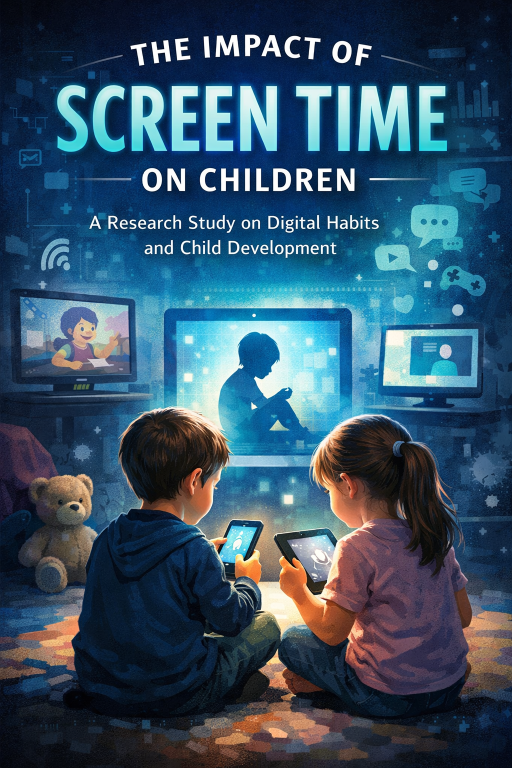Book cover titled "The Impact of Screen Time on Children," featuring children using digital devices in a room with multiple screens and digital icons.