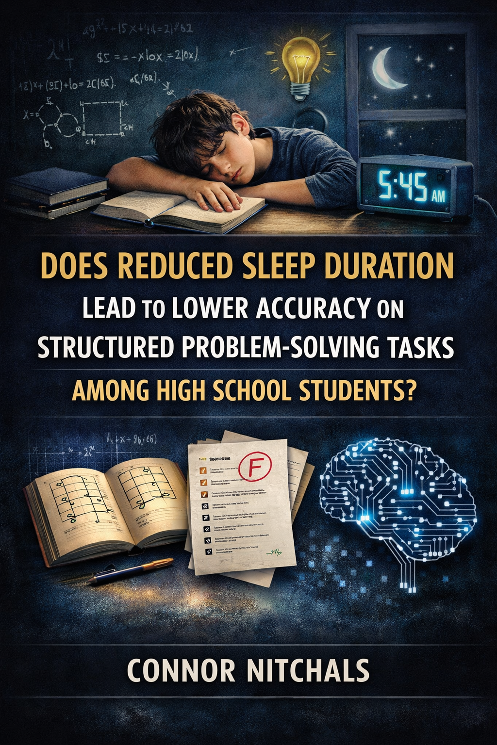 A young boy sleeping at his desk with study materials, a clock showing 5:45 AM, a drawing of a brain, and a moon and stars visible through a window. The text discusses the impact of reduced sleep duration on problem-solving accuracy among high school students.