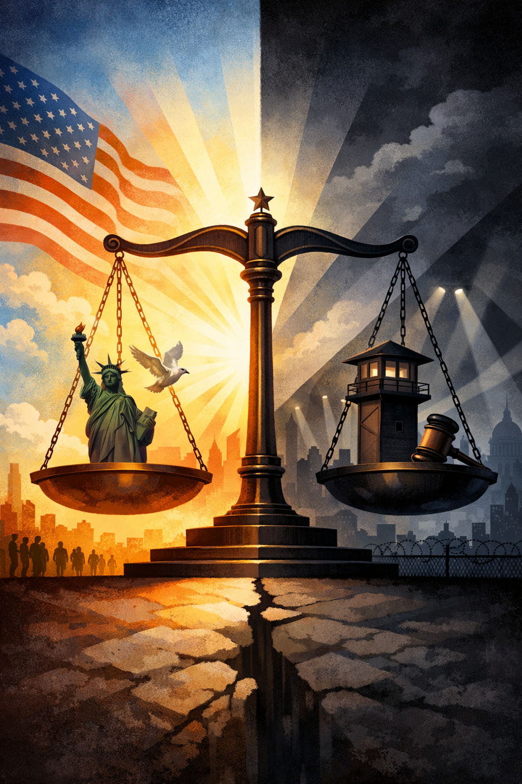 A digital illustration of a balance scale with the Statue of Liberty and a dove on the left side, and a prison tower and gavel on the right side, set against a backdrop of city skyline and a sky divided between day and night, with the American flag in the upper left corner.