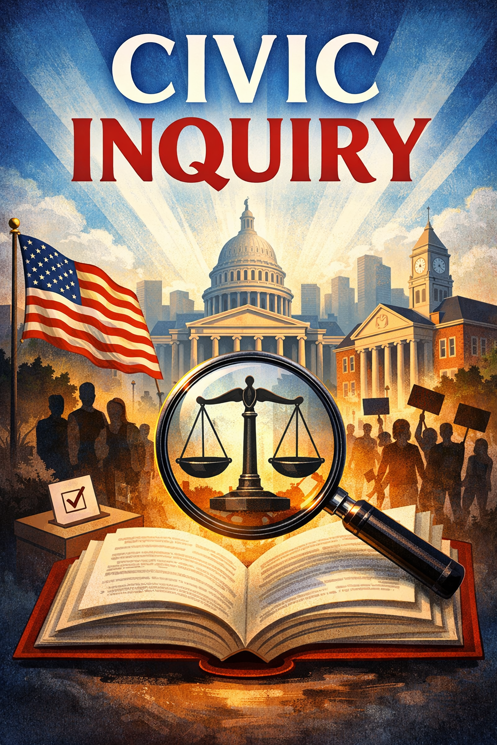 Cover of a book titled "Civic Inquiry" with a graphic of the U.S. Capitol building, an American flag, a magnifying glass highlighting a scale of justice, and silhouettes of protesters holding signs.