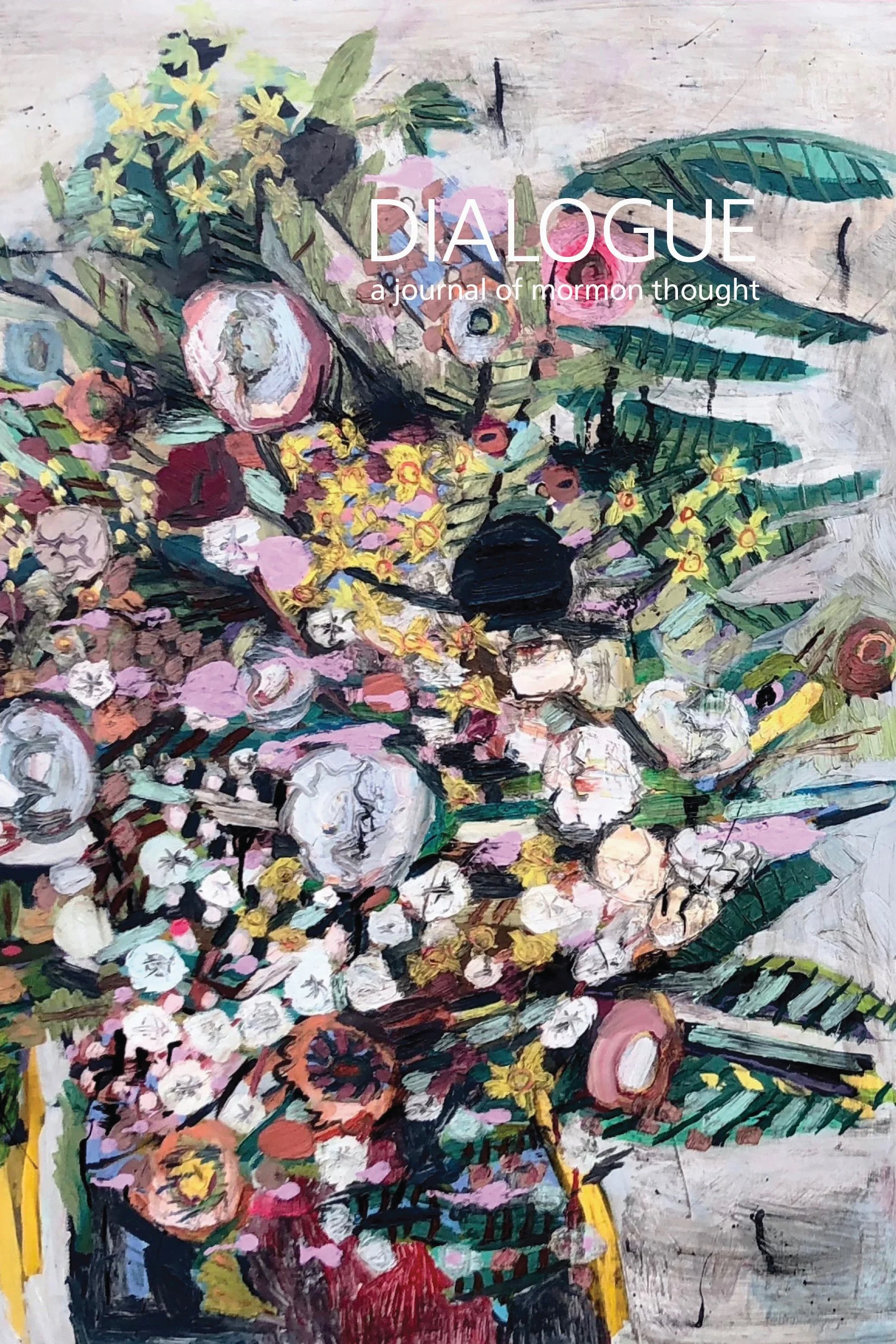 Colorful impressionist painting of a bouquet of various flowers in a basket, with large green leaves and a white background.