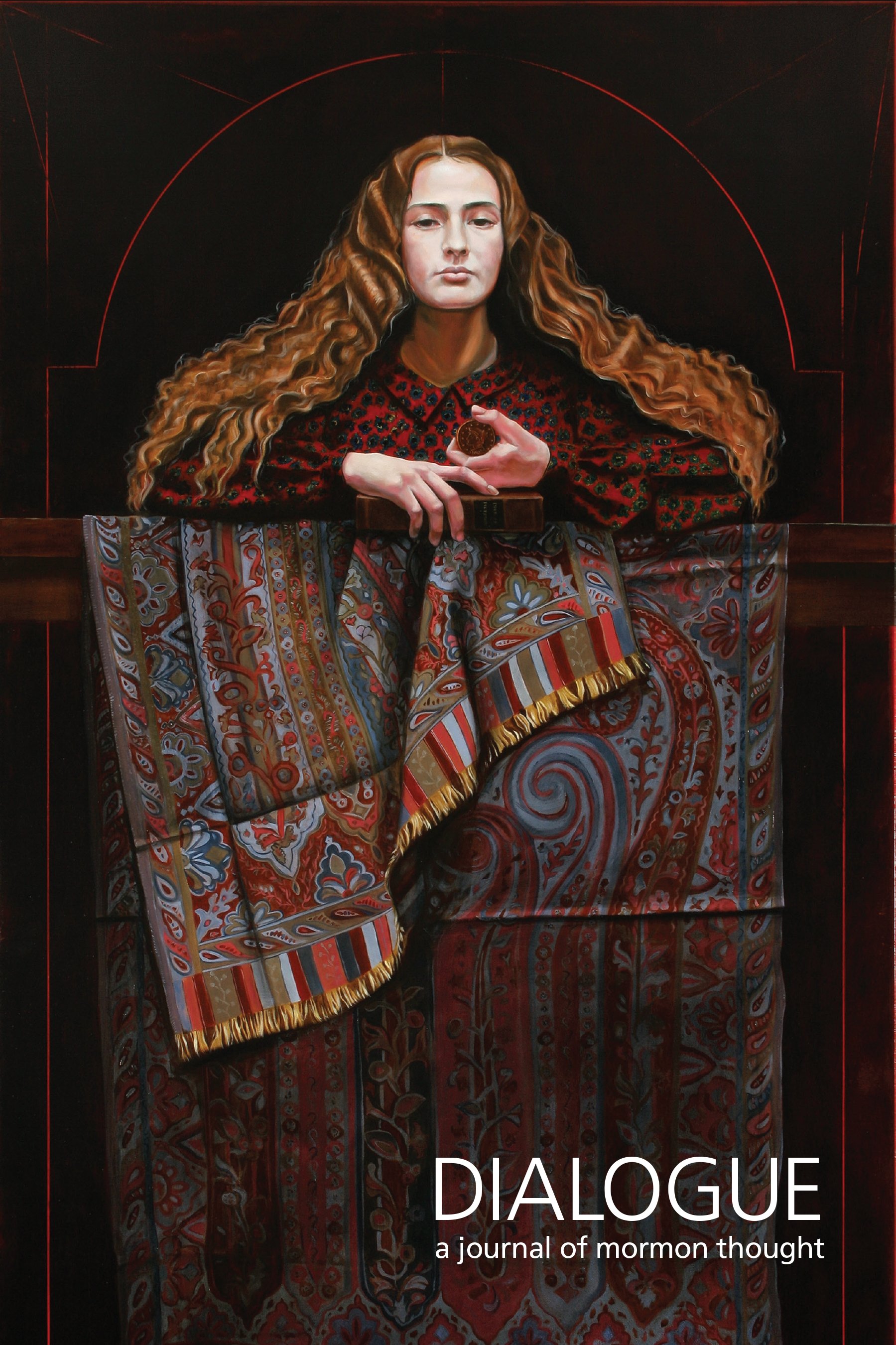 A person with long, curly hair wearing a patterned red and black blouse and a colorful, patterned skirt. The person is holding a small object in their right hand and is sitting behind a table with a black background and red lines. The image appears to be a cover for a publication titled 'DIALOGUE: a journal of mormon thought.'