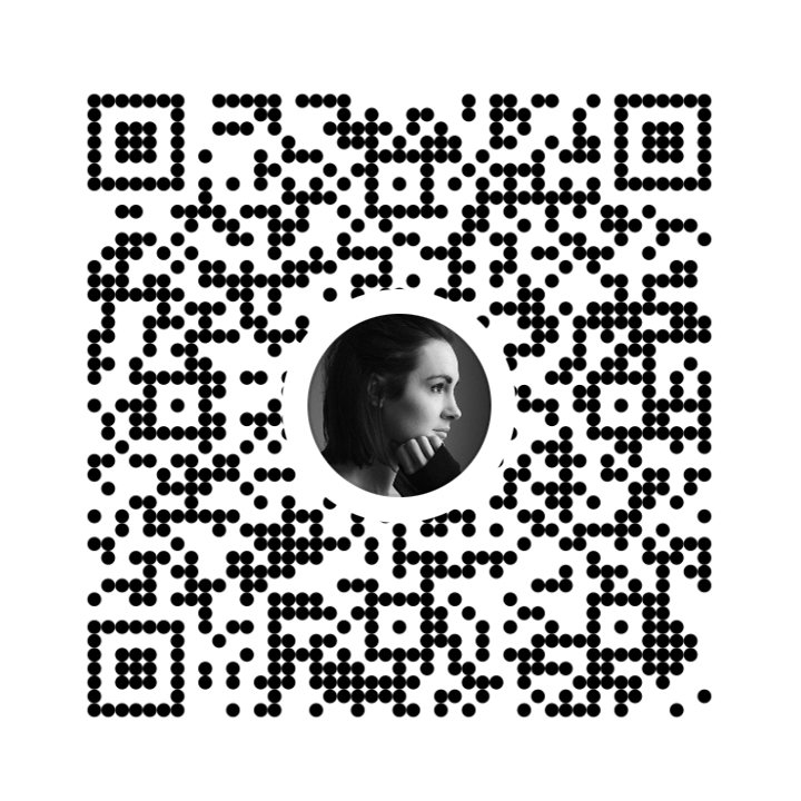 A QR code with a centered circular profile picture of a woman in grayscale, looking thoughtfully to the right with her chin resting on her hand.