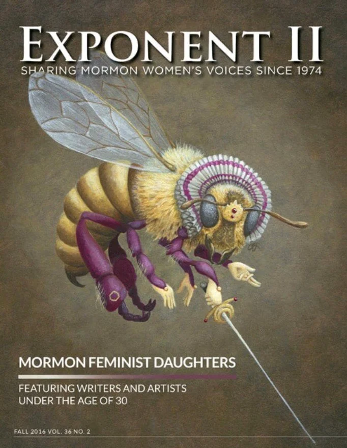 Cover of a publication titled "Exponent II" with the subtitle "Sharing Mormon Women's Voices Since 1974." Features an illustrated bee with a colorful headdress, purple legs, and holding a small thread with a spool. The text indicates it is about Mormon feminist daughters, including writers and artists under age 30, Fall 2016, Volume 36, Number 2.