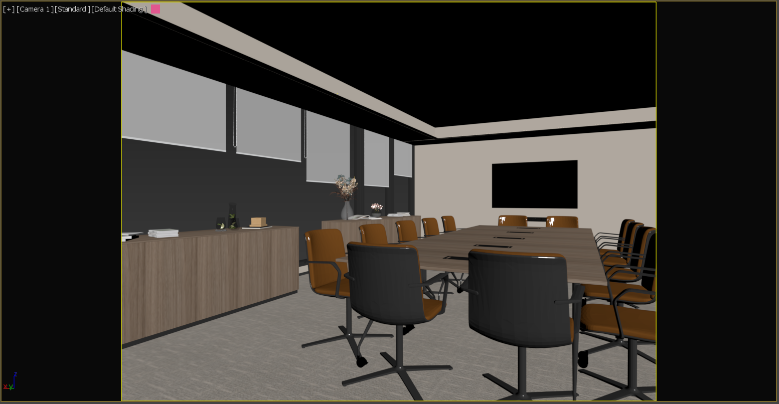 Rendering of a modern conference room with a large wooden table, black and brown chairs, a wall-mounted TV, and a sideboard with decorative items and flowers.
