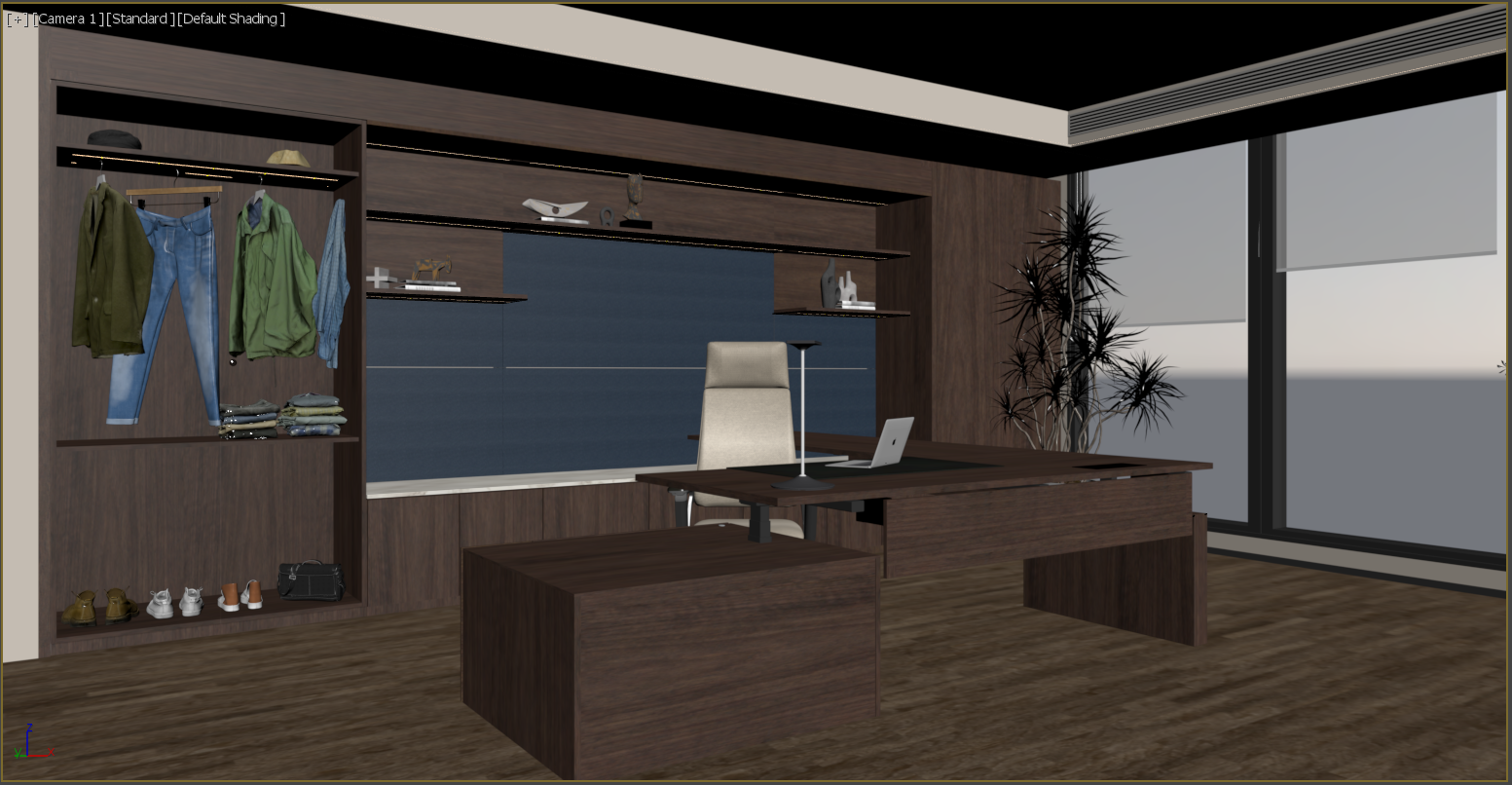 Modern office with wooden desk, beige office chair, and a large window with blinds. Shelving with decorative items and clothing on display, including jackets, jeans, shoes, and accessories. There is a tall plant near the window.